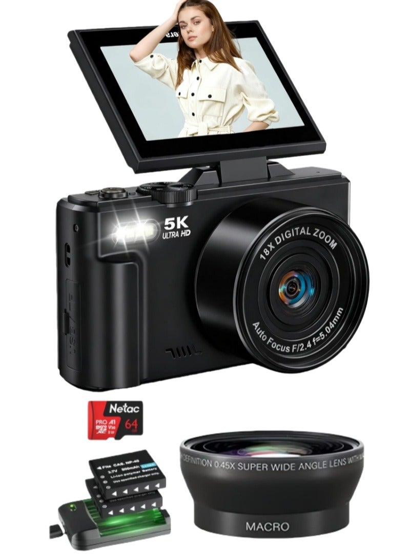Lecran 5K Point and Shoot Digital Camera, 75MP for Photography, 2 Batteries, Wide Angle & Macro Lens, With 64GB TF Card, 18X Digital Camera with 3" 180° Flip Screen - Image 1